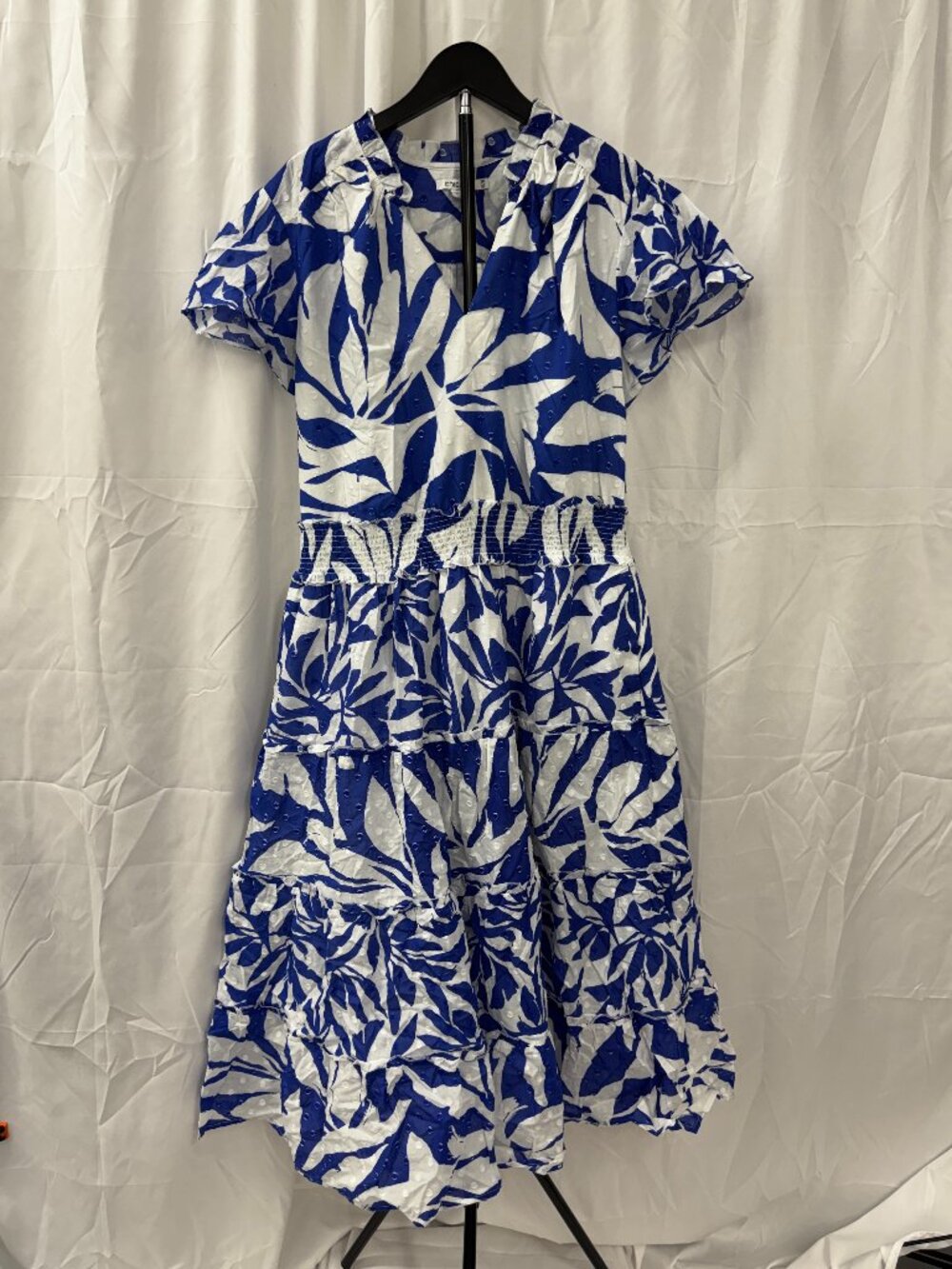 Chicos Flutter Sleeve Smocked Petite Maxi Dress Blue White Clip Dot Sz 16P - Picture 5 of 16